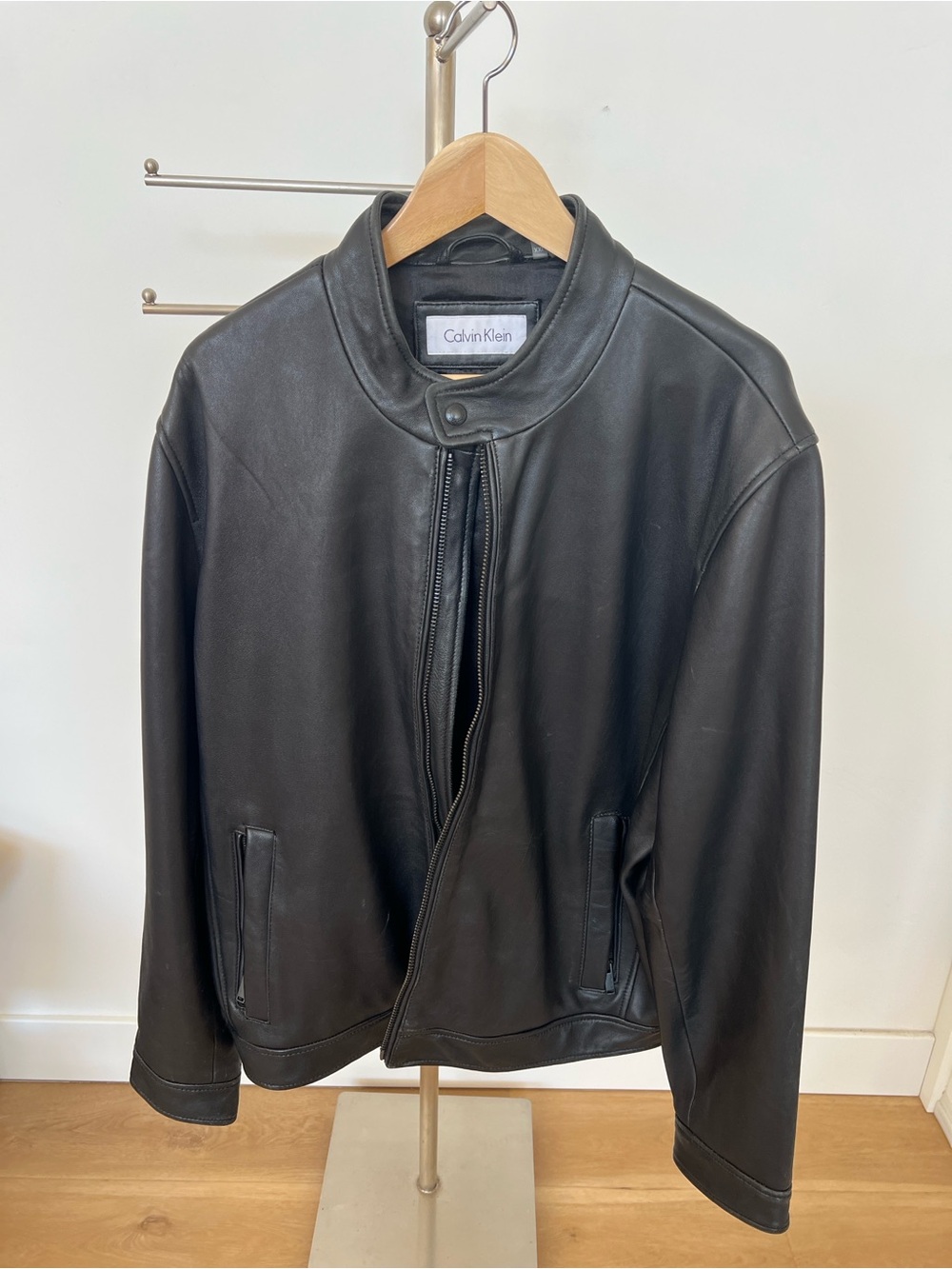 Pre-loved Calvin Klein Men's Black Leather Moto Jacket XXL